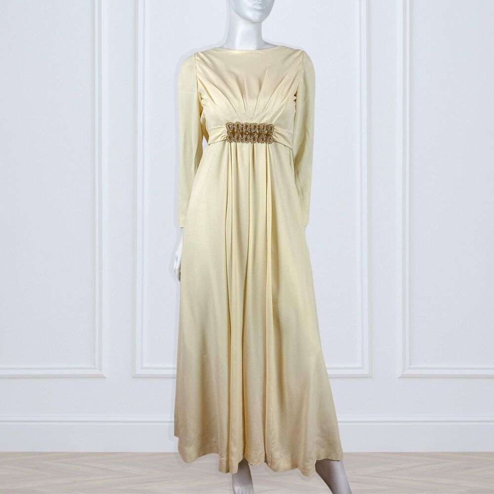 Emma Domb Maxi Dress Gown Empire Waist Gold Tone Metal Rhinestone Embellishment